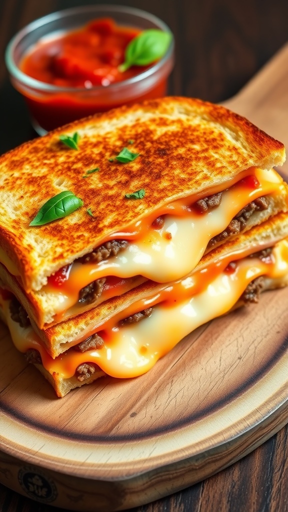 A golden lasagna grilled cheese sandwich cut in half, showcasing melted cheese and marinara sauce.